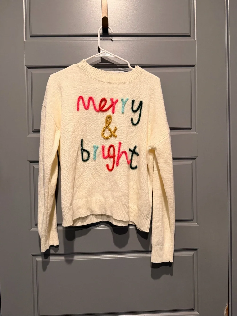 Boutique “Merry & Bright” Cream Holiday Sweater XL
